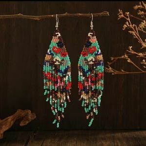 Handmade Vintage Boho Floral Beaded Tassel Drop Turquoise Earrings 🌺🍃